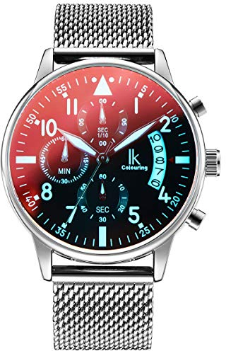 Alienwork Armbanduhr Herren Damen Silber Metall Mesh Armband Edelstahl Kalender Datum Schwarz