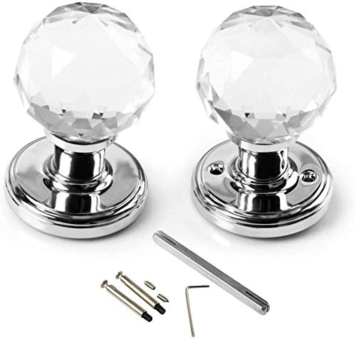 VIRILL 65mm Crystal Large Door Knob Glass Door Handle Clearwith DIY Screw Set for Interior Bedroom Living Door(One Pair