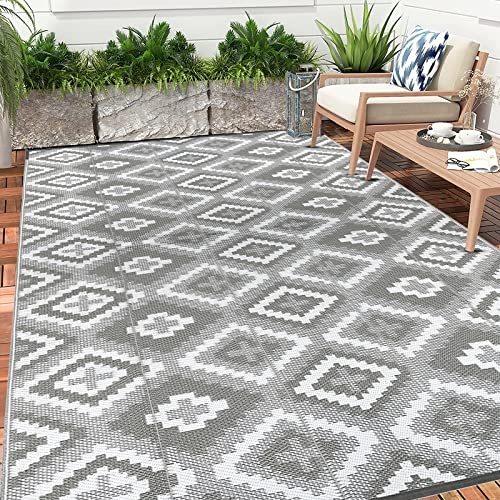 Enyhom Groß Außenteppich 150 x 240 cm, Robuster Flachgewebe Kunststoff Picknickdecke, Wendbarer UV-beständige Campingmatte, Wasserdicht Farbecht Balkonteppich für Outdoor RV Camping, Grau