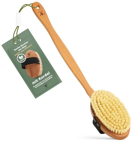 QUOALA Hållbar kroppsborst: Vegan badborste av trä, naturborst (sisal) och sladd. Kroppsborste, ryggborste med långt handtag, våtaborste och torrborste (100 % tysk produktion)