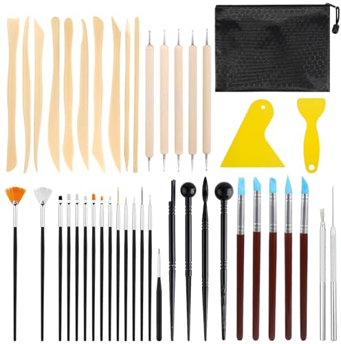 DICLLY Kit de 44 Herramientas de Cerámica y Arcilla,Herramientas de Escultura,Herramientas Ceramica ara La Escultura, Con Bolsa DIY Arte Cerámica,Pintura Roca,Tallado Artístico,Principiantes