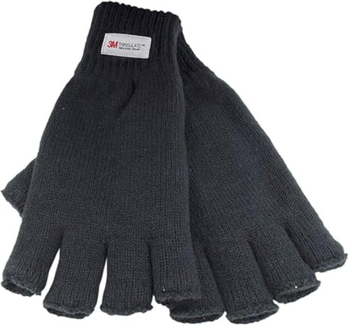 GM Apparel Gants sans doigts tricotés Thinsulate 3M à isolation thermique pour hommes et femmes - Mitaines d'hiver en laine - Noir, Noir , Large/X-Large