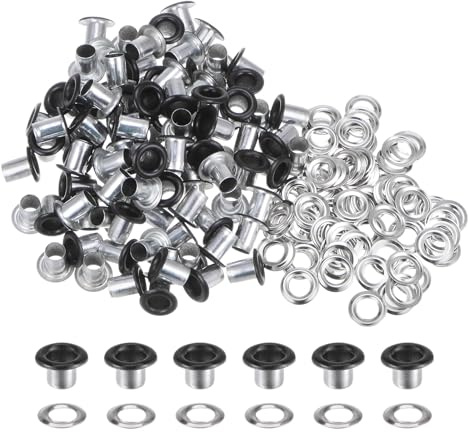 sourcing map 100PCS Grommets Eyelets 1/6 Inch (4mm) ID Hole Metal Self Backing Eyelet with Washers for Shoes Leather Bead Cores Canvas Tag, Matt Black