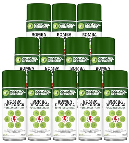 CONTROL GARDEN Pack 12 Insecticida Descarga Total 150 ML Interior y Exterior | Repelente Anti Insectos: Chinches, Ácaros, Hormigas, Arañas... | Fungicida Larvicida Ovicida Bomba de Humo Espacio 120 m2