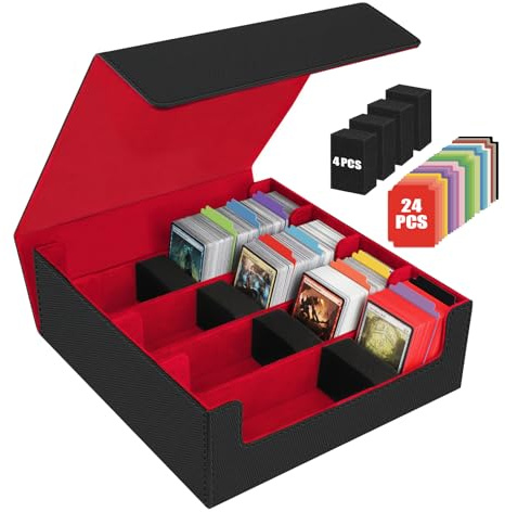 Scatola per Carte per Oltre 3200 Carte, Scatole per Carte Collezionabili con 24 Divisori Colorati e 4 Schiuma, Scatole per Mazzi Magnetici Premium, Custodia in pelle PU Magic the Gathering(Nero Rosso)