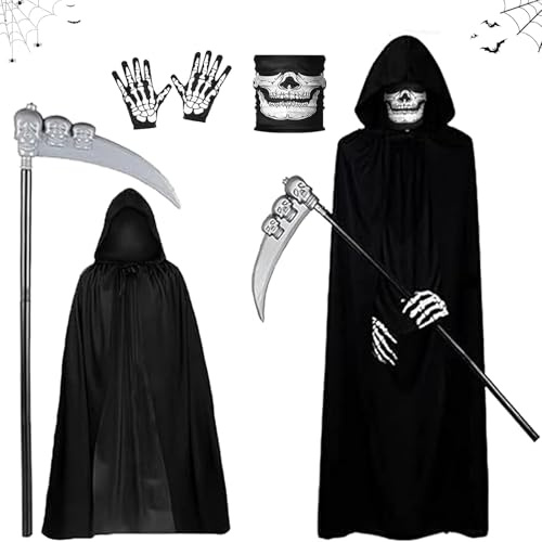 FYZSJWL 4 Teiliges Sensenmann Kostüm,Halloween Kostüm Sensemann,Tod Kostüm Set mit Schädelmaske, Sense, Skelett Handschuhe, Umhang,für Halloween Dekoration Cosplay Karneval