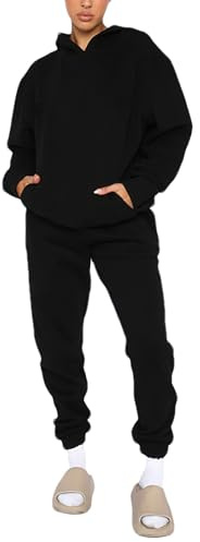 amropi Tuta da Donna Vello Foderato Pullover Felpa con Cappuccio e Pantaloni Jogging Tute Nero, M