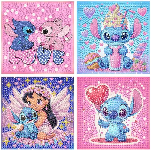 4 Pezzi Stitch 5D DIY Diamond Painting Kit Completo,Pittura Diamante Fai Da Te con Strass,diamond painting anime, Decorazione Pareti, Anime Pittura per Casa, Pittura Diamante Creativo e Regalo,18x18cm