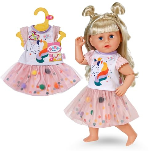 BABY born Tutu Dress with Unicorn Print - Set of Short Sleeve Shirt & Tulle Skirt with colourful dots - Premium doll accessories - Clothing suitable for dolls of size 43 cm