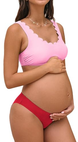 CUPSHE Women's Maternity Bikini Sets Pregnancy Swimsuit Low Rise Scalloped Scoop Neck Adjustable Straps Back Hook, L Pink/Red