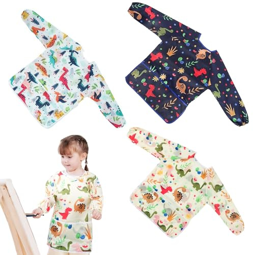 Furforstk tablier peinture enfant 3 pièces tablier cuisine enfant Étanche blouse peinture Avec 3 poches à manches longues pour les anciens 2 à 8 ans (dinosaure)