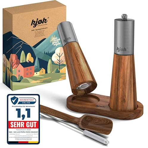 kjøk Premium Salz und Pfeffer Mühle Edelstahl und massives Akazienholz mit Untersetzer, Reinigungsbürste und Einfülllöffel - Mühlenset aus Holz mit Keramikmahlwerk - Set Salz- und Pfeffermühle