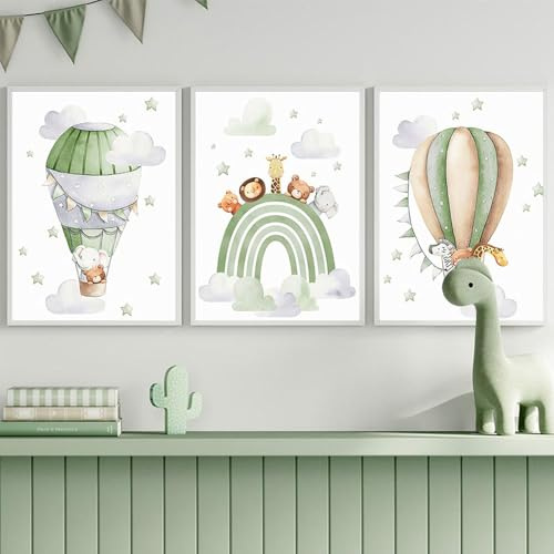 3 Laminas Animales Infantiles 30X40CM Cuadros Pared Bebe Globo Aerostático Arcoiris Nube Poster Verde Lienzo Habitacion Bebe Niña Niños Laminas Decorativas Pared de Animales sin Marco