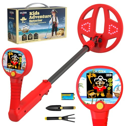 DR.ÖTEK Metalldetektor för barn, innovativ färgskärm, 17 cm spole med LED-ljus, lätt och justerbar design, mjukt handtag, 3-12 år gamla barn, röd