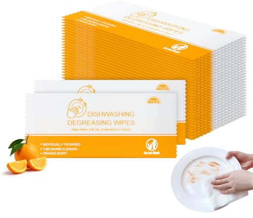 Dish Cleaning Wipes Individually Wrapped Travel Dish Soap Wipes Orange Scent Disposable Wipes Portable for Kitchen Outdoor Traveling Camping RV Quick Clean (100)