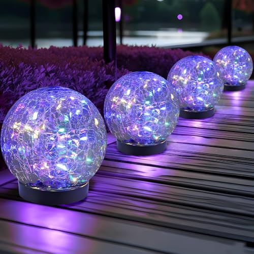 Lot de 4 lampes solaires de jardin, boules rondes en verre craquelé, décoration extérieure, étanche et décorative pour paysage, allée, cour, pelouse, allée, décoration de jardin (lumière colorée)