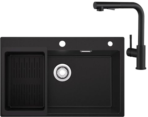 Sofetiy Fregadero de granito negro 70x45 cm con grifo mezclador y juego de ducha extraíble, fregadero de cocina rectangular para mueble bajo de 70 cm, fregadero de cocina con accesorios de drenaje