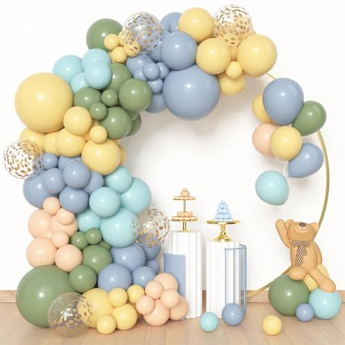 BlueCloudy Kit arco guirnalda globos azul y amarillo, diferentes tamaños 45 30 25 12 cm, globos verde salvia azul bruma pastel amarillo crema oro confeti, para decoraciones de cumpleaños
