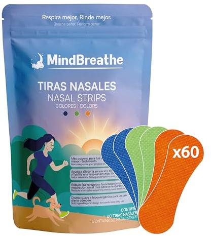 Pack MindBreathe® | 60 Tiras Nasales de Colores (Nasal Strips) | Aumenta el Flujo de Aire durante el Deporte y al Dormir | Antirronquidos y Alivia la Congestión Nasal | Hipoalergénicas y Cómodas