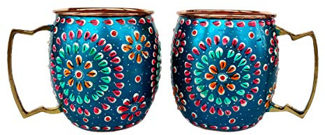 Rastogi Handicrafts Handmade Pure Copper Outer Hand Painted Art Work Wine, Vodka, Beer,Cocktail,Juice, Cold Coffee Mug - Cup 16 oz (2)