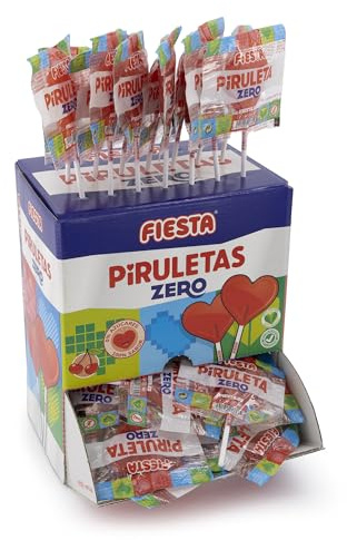 FIESTA Piruletas Zero Caramelo con Palo en Forma de Corazón Sabor Cereza - Sin Azúcar - Caja de 70 unidades