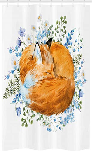 ABAKUHAUS Fuchs Schmaler Duschvorhang, Sleeping Fox Aquarellen, Badezimmer Deko Set aus Stoff mit Haken, 120 x 180 cm, Orange Blue Olivgrün