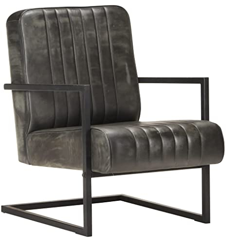 vidaXL Freischwinger Sessel Retro Lehnstuhl Relaxsessel Stuhl Polstersessel Relaxstuhl Ledersessel TV Lounge Wohnzimmer Distressed Grau Echtleder
