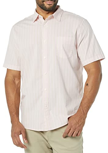 Amazon Essentials Men's Short Sleeve Button Down Shirt, Stretch Cotton, Blue Peach Plaid, Available in Big & Tall, Pink, Awning Stripe, Large