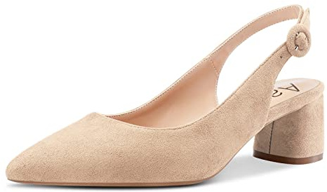 Aachcol Femmes Slingback Escarpins Bloc Chunky Mi Bas Talon Heel Pointu Bout Lanières Cheville Mariage Bureau Party Dress Chaussures Cute 5 CM Beige Suède 38 EU
