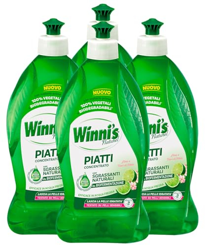 Winni's Naturel Detersivo Concentrato Lavaggio a Mano Piatti e Stoviglie Fragranza Lime Fiori di Mela Ipoallergenico Materie Prime Origine Vegetale Completamente Biodegradabili - 4 Flaconi da 500ml