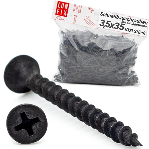 Tornillos negros para pladur 3,5 x 35 mm, 1000 piezas, tornillos para paneles de yeso, rosca gruesa, cabeza phillips, punta afilada, autorroscantes para madera, instalación placas yeso, Lun Fix
