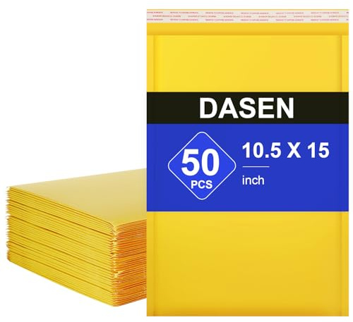 Dasen Kraft Bubble Mailers 10.5x15 Inch 50 Pcs,Small Self-Sealing Waterproof Cushioned Mail Shipping Bags,Yellow Padded Envelopes #5