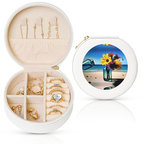 Vase en verre avec fleurs - Boîte à bijoux de voyage pour femme - Pour collier, boucles d'oreilles, bagues et accessoires - Blanc rond