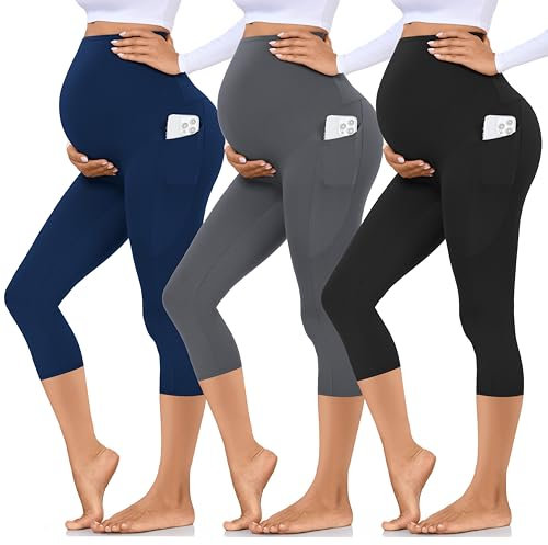 Hi Clasmix Umstands-Capri-Leggings mit Taschen, weich, Workout, Schwangerschaft, Yoga, 3er-Pack, 5–3er-Pack, Schwarz, Grau, Blau, M