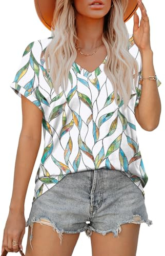 Aokosor T Shirts for Women UK Ladies V Neck Tops Womens Summer Casual Tee Rolled Short Sleeve Size 22-24 Green Floral