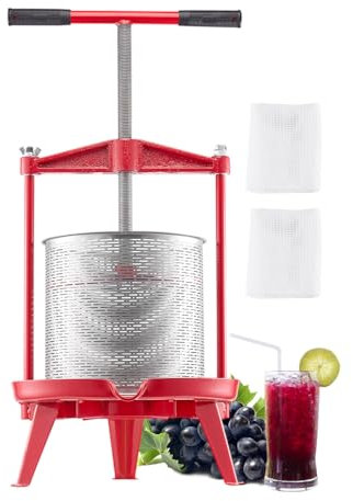 VEVOR Pressoir à Fruits Manuel 14 L, Presse à Vin Panier en Acier Inoxydable, avec Poignée en T et Structure Triangulaire, Presse à Jus, Raisin, Cidre de Pomme pour la Cuisine et la Maison, Rouge