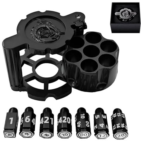 Cyberpunk Metall-Würfel-Spinner für DND-Würfelset mit drehbarem Revolverzylinder-Behälter, 7-in-1 Polyedrische D&D-Würfel mit Geschenkkassette für Dungeons and Dragons (Schwarz)