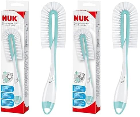 NUK Twist Flaschenbürste mit Schwamm und integrierter Saugerbürste | mit ergonomischen Griff | für Flaschen und Sauger | 1 Stück (Packung mit 2)