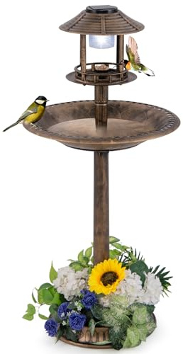 GOPLUS Bañera para Pájaros con Pedestal y Luz Solar, Bañera para Pájaros de Jardín Versátil 3 en 1 con Comedero y Jardinera, Decoración Vintage de Baño para Aves al Aire Libre (Bronce)