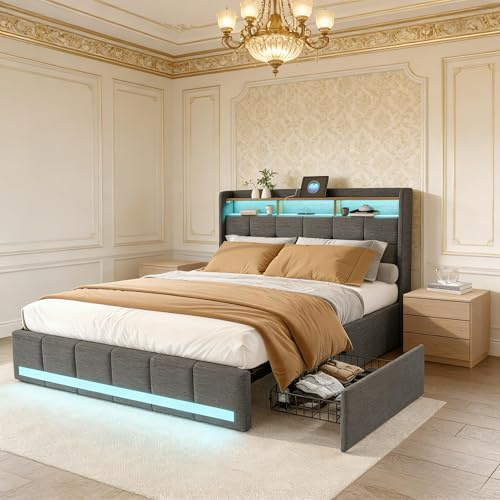 PerGar Lit capitonné, 140x190 cm, avec Espace de Rangement, lit Double avec 4 tiroirs, tête de lit LED avec USB et Compartiment de Rangement, pour Adolescent, sans Matelas, Lin, Gris