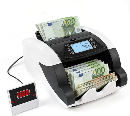 Compteuse de Billets, Machine à Compter l'argent en Modes Add/Batch, Détection de Faux Billets sur UV/MG/IR, 1000 Millets/min, Affichage LCD, Comptage de Billets en EUR/GBP/USD