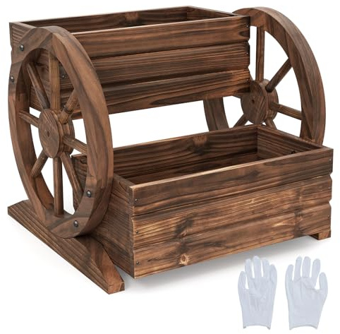 COSTWAY Fioriera da Esterno a 2 Livelli, Fioriera da Interno ed Esterno a Forma di Carro con Fori di Frenaggio, Ruote e Guanti, Cassetta per Fiori in Legno di Abete per Patio, Balcone e Giardino