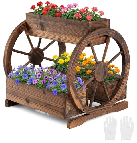 COSTWAY Blumenkasten mit Wagenrad, Hochbeet Holz, Pflanzkübel mit 3 Pflanzkästen & Ablauflöchern, Blumenbeet Gartenbeet, rustikal, Deko für Terrasse Balkon Garten, Braun (61,5 x 55 x 62 cm)