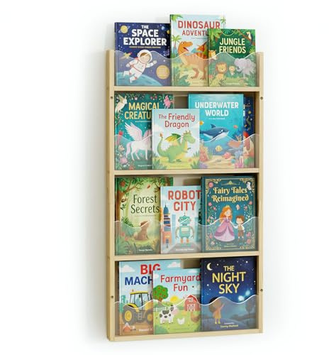 Giklux Librería Infantil de Pared 4 Niveles Madera y Acrílico | Estantería Flotante, Habitación Bebé, Montessori, Rincón de Lectura