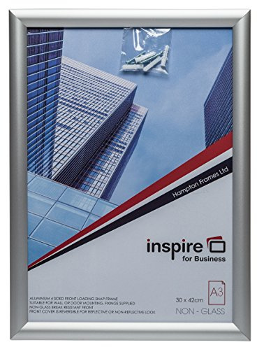 Hampton Frames Marco a presión SNAPA3S A3 30x42 cm plateado sin cristal, carga frontal, resistente a roturas, para fotos, certificados o carteles, kit de instalación