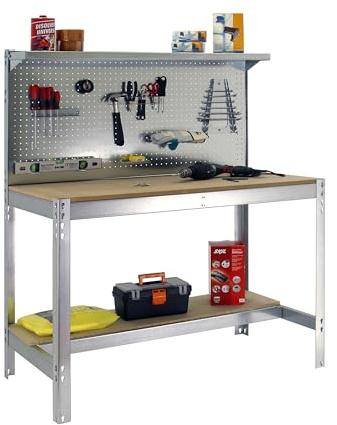 Simon Rack Etabli d’Atelier, Capacité de Charge 600 kg, 1445x1510x610 mm, Panneau Perforé avec 1 Étagère, Table de Travail Bricolage, Galvanisé/Bois - BT3