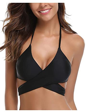 SHEKINI Costumi Donna Halter Push Up Bikini Top Bikini Imbottito Regolabile Croce Straps Costume da Bagno Donna (Medium, Nero-Top)