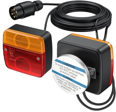 Justech 2PCS Luces Traseras Remolque con 7,5m Cable y 7 Pin Conector 12V Bombillas Piloto Trasero con Base Magnética de 5 Funciones Luz de Matrícula Placa Luz de Freno para Camion Caravan E-Mark