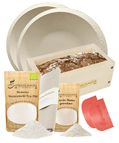 Bäckerei Spiegelhauer Sauerteig Starter Set Roggensauerteig 300 g, 2 Teigschaber, Backrahmen aus Ahornholz, Bäckerleinen, Demeter Roggenmehl Typ 1150 1 kg, 2 Gärkörbchen rund