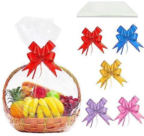 15 pellicole da regalo grandi in cellophane trasparente, 70 x 100 cm, carta da regalo trasparente con 15 fiocchi a tiro, cellophane trasparente per regali, cestini, fiori, artigianato, dolcetti,